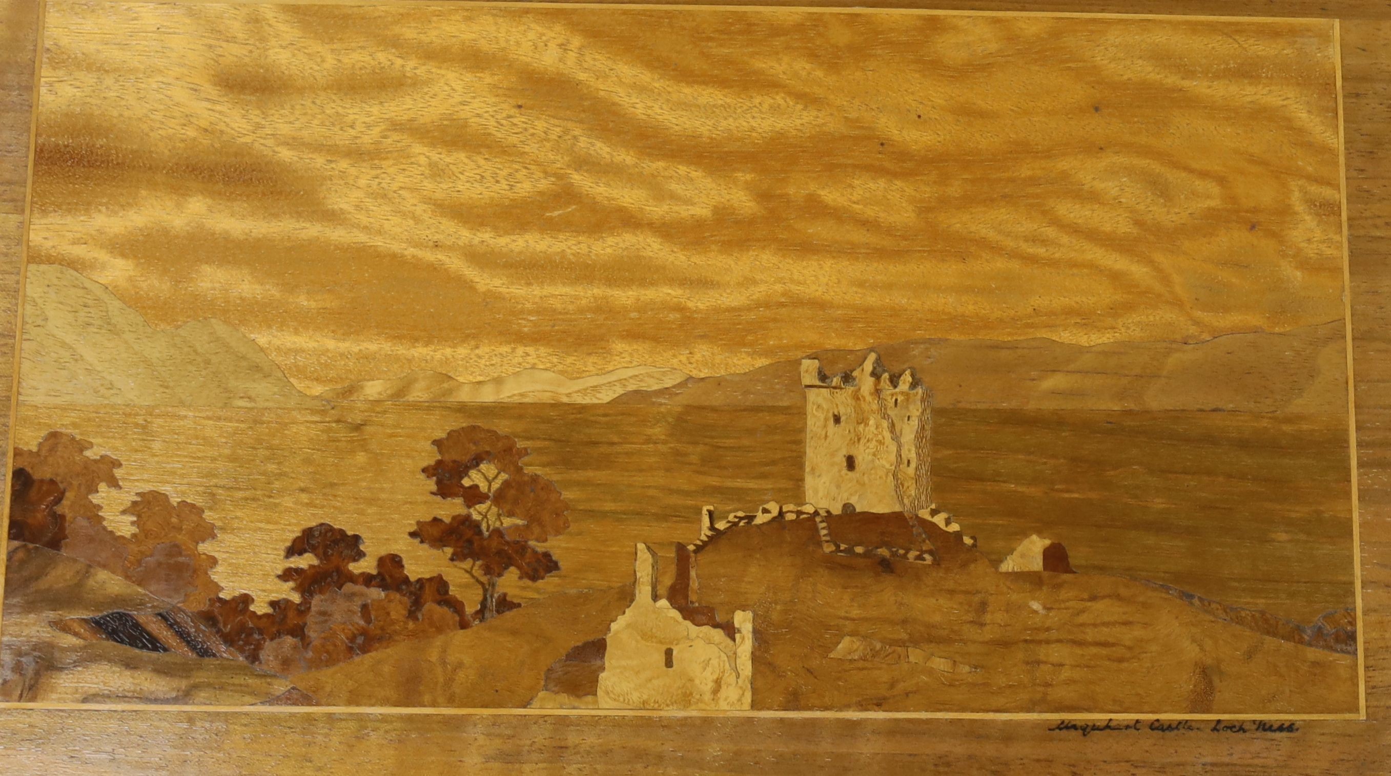 Two Scottish Bemochie marquetry panels, Urquhart Castle, Loch Ness and Loch Rannoch, dated 1949 and 1948 resp., 31 x 47cm